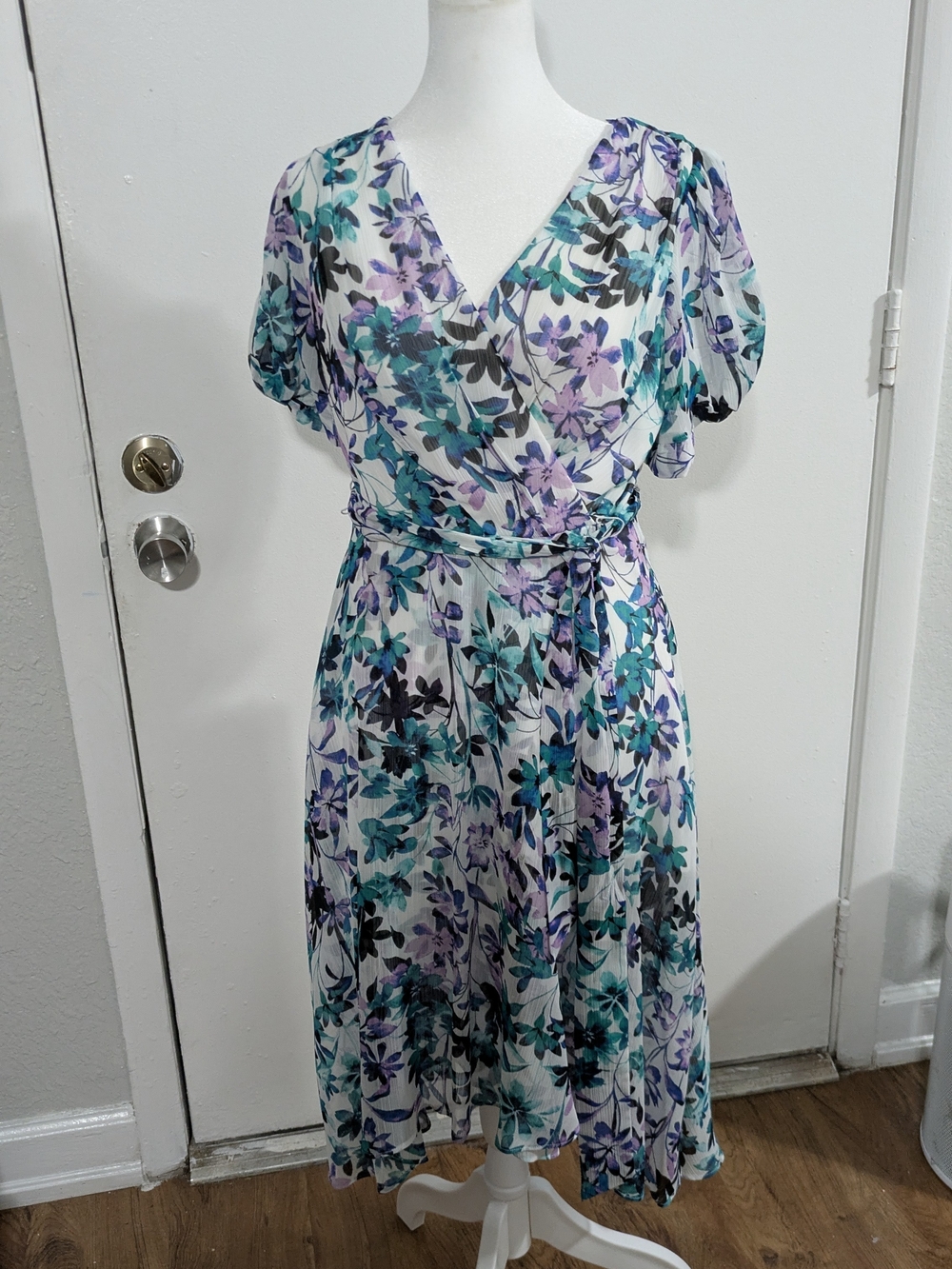 Chaps Floral Wrap Midi Dress in Teal & Lavender